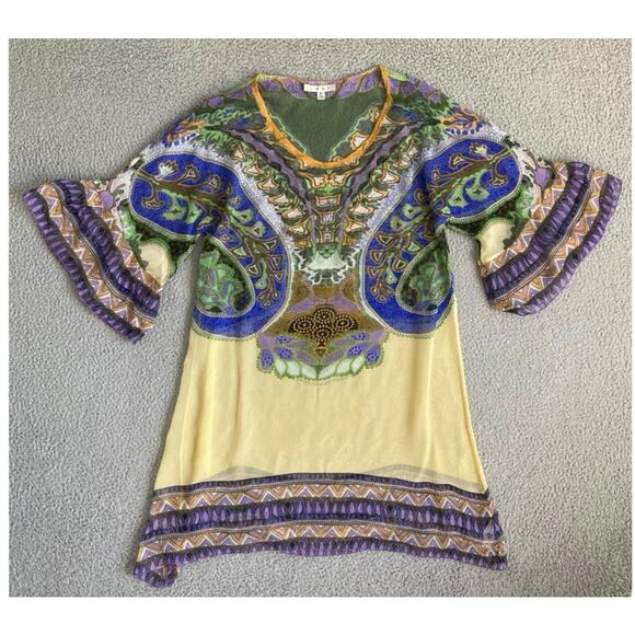 Cabi Tunic Top Medium Silk Sheer Paisley Flared Sleeve Yellow Boho Beach Blouse - Picture 1 of 16